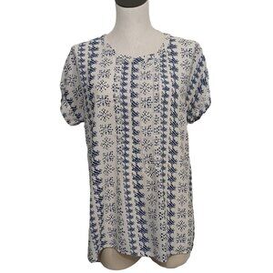 Pleione Top‎ Blue Ivory Pleat Front Short Sleeve Popover Blouse Womens Medium
